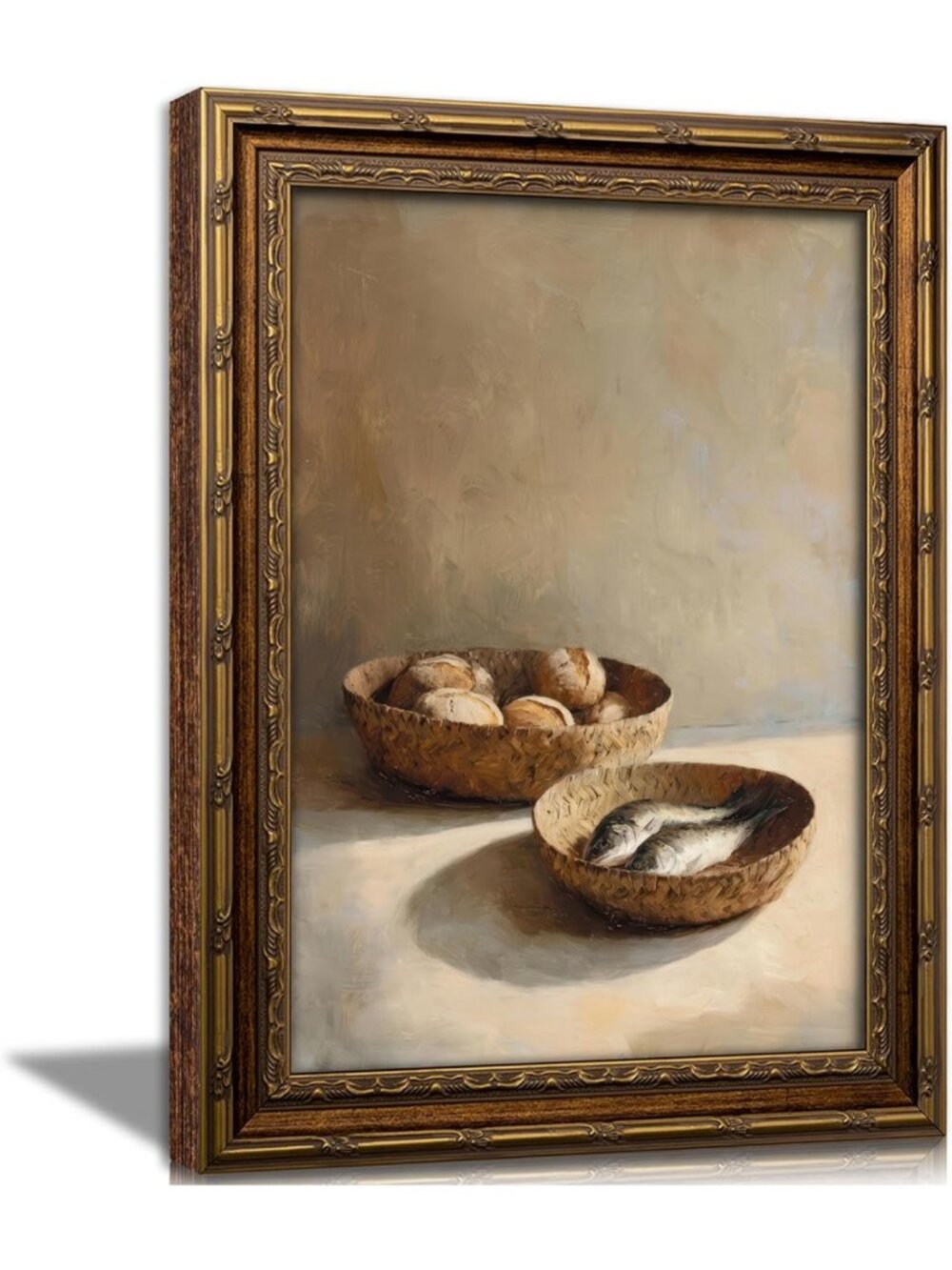 Vintage Gold Framed Still Life Canvas Art - Rustic Bread & Fish Wall Decor 16x24